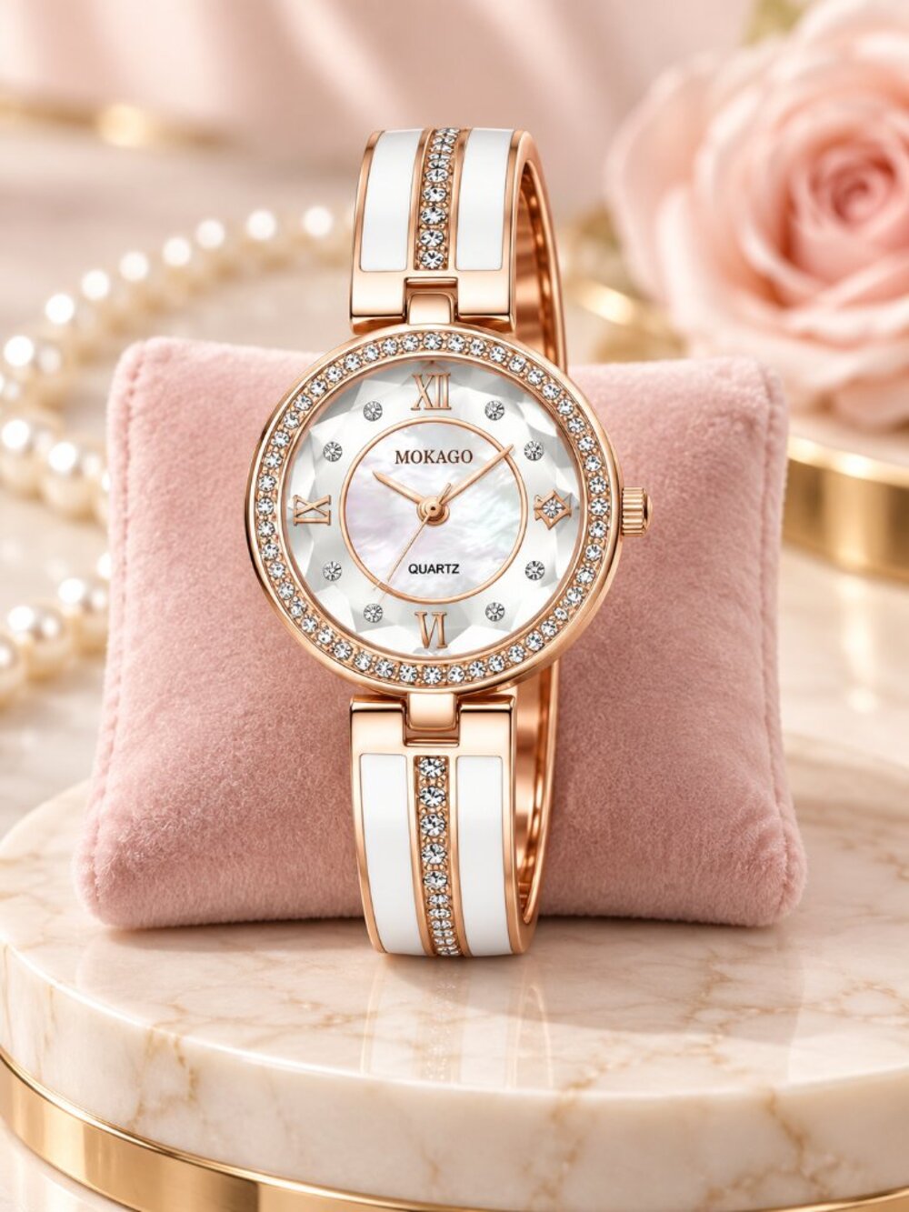 MOKAGO Rose Gold White Rhinestone Quartz Bangle Cuff Watch